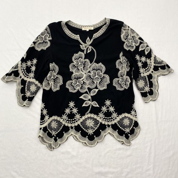 Solitaire Embroidered Top 3/4 Sleeve Black Scalloped Edges Boho Peasant Small - Picture 1 of 7